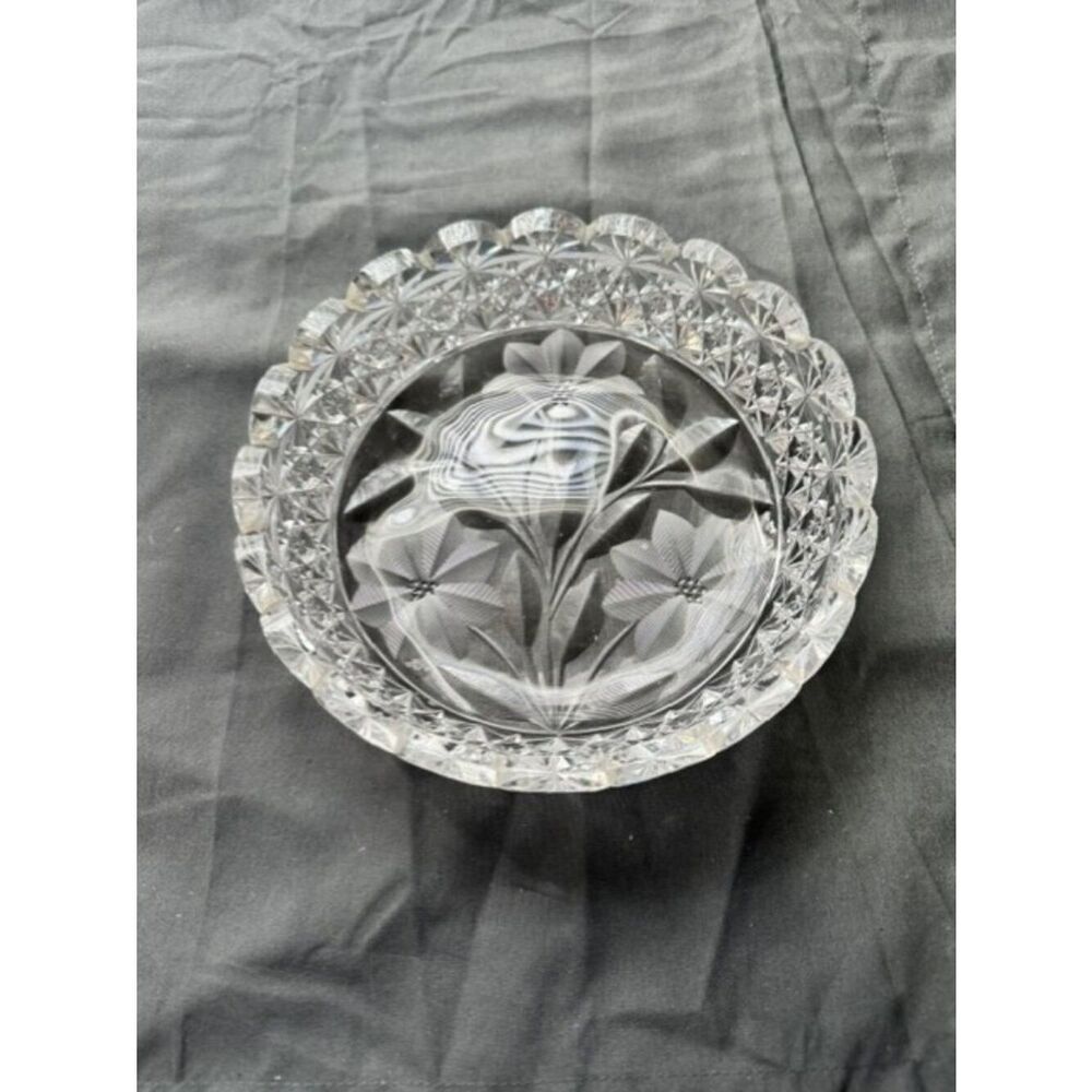 Vintage American Brilliant Candy / Nut Cut Glass w Flowers 7" Wide